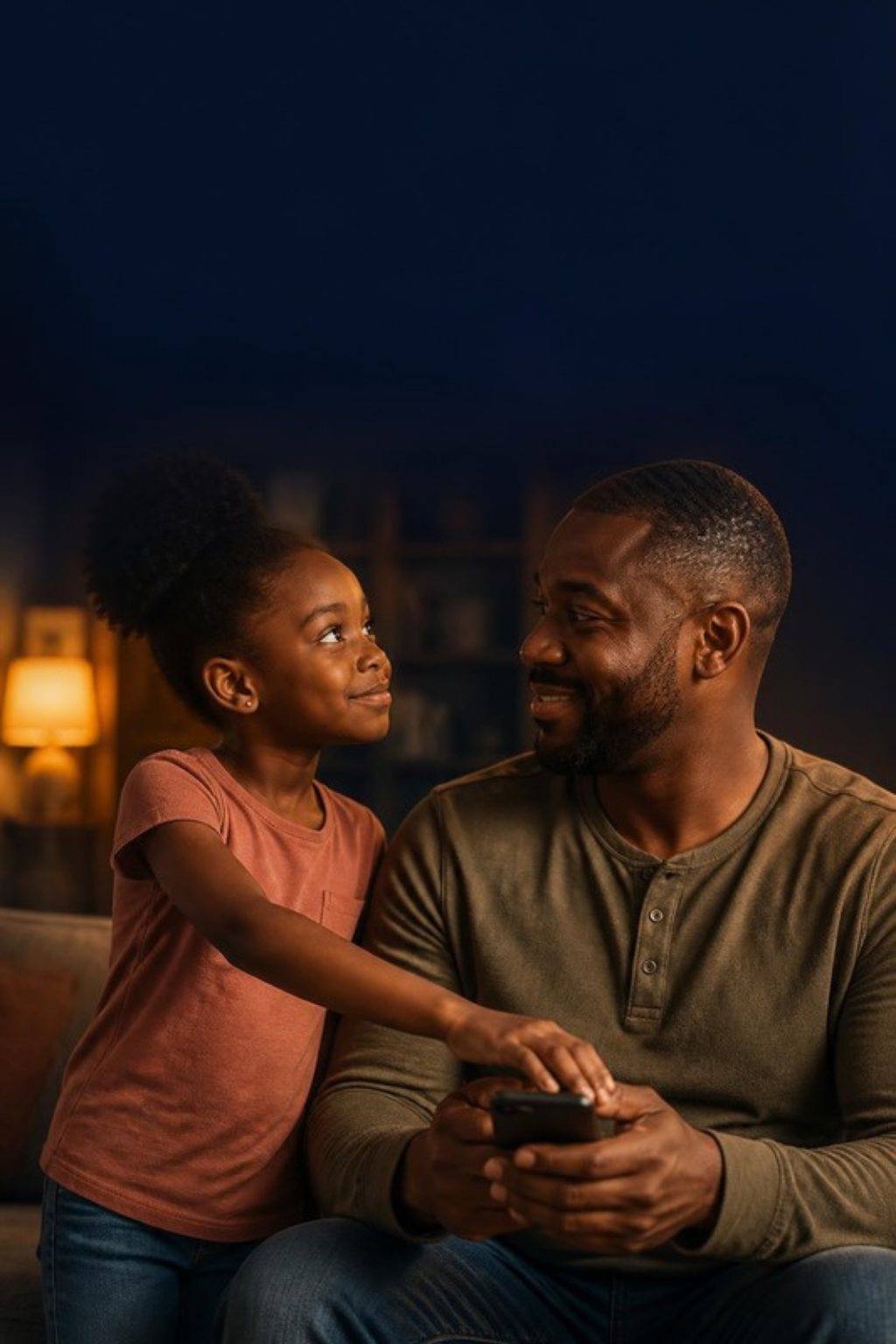 A young girl gently lowers her father's phone as he turns to smile at her